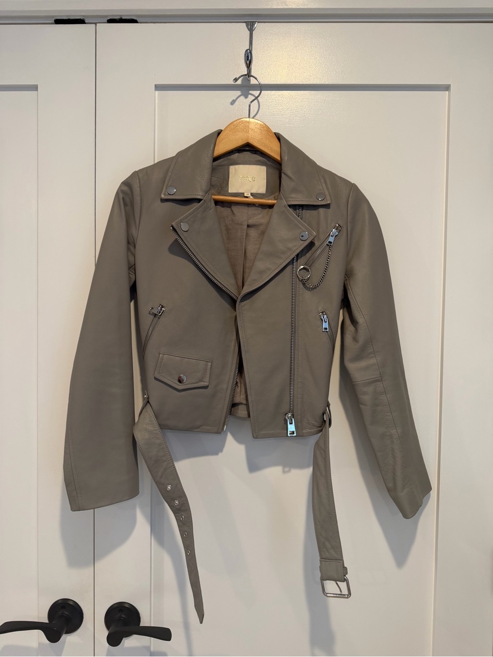 Maje Taupe Leather Cropped Moto Jacket